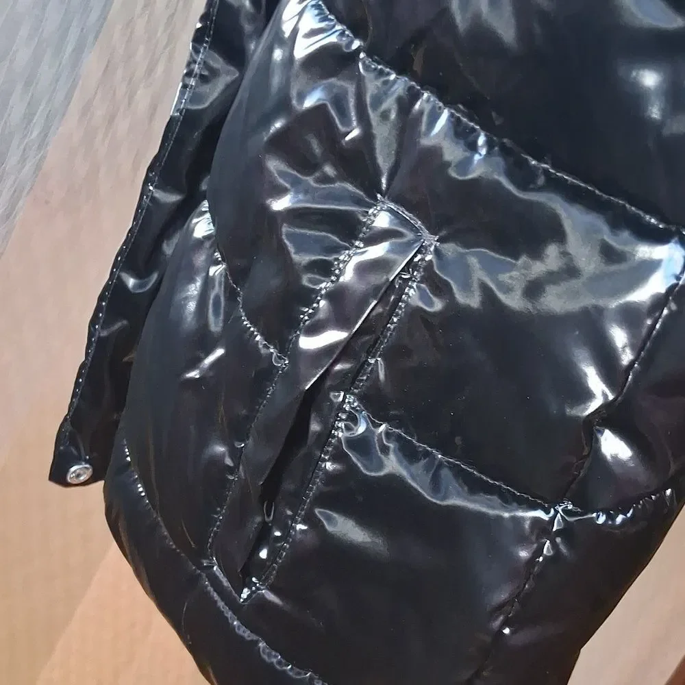 Justice Shiny Black Puffer Jacket with High Collar Sz M-10 Preowned